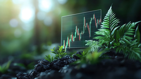 Financial stock market graph on green forest background. 3d rendering.の写真素材