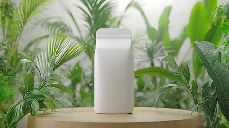 Blank white cosmetic bottle mockup on wooden table with green plants background. 3d rendering
