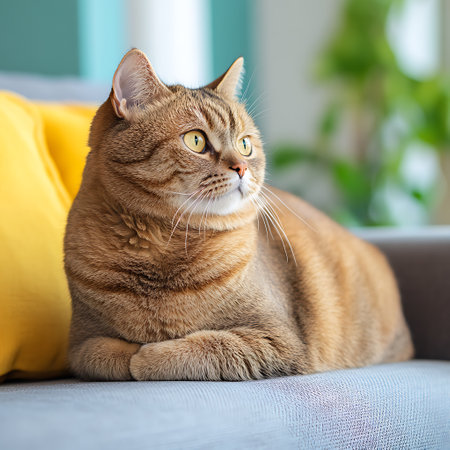 Beautiful tabby cat lying on sofa at home. Domestic animalの写真素材