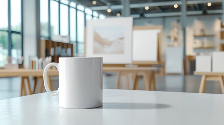 Coffee cup on white table in coffee shop. 3d renderingの写真素材