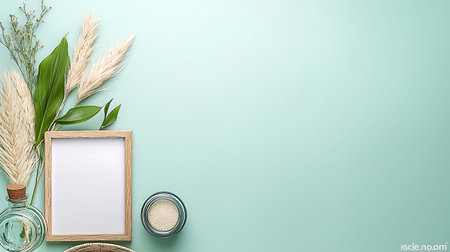 Spa composition. Frame, herbs, salt on green background. Flat lay, top view, copy space