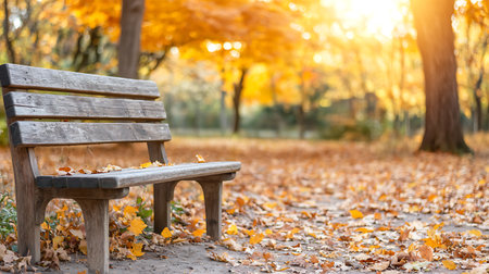 Wooden bench in the autumn park with yellow leaves on the groundの写真素材