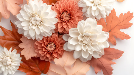 Autumn flowers on white background. Flat lay, top view.の写真素材
