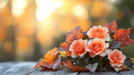 bouquet of orange roses on a wooden table in the autumn forestの写真素材