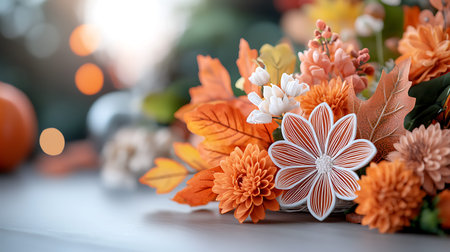 Autumn bouquet with orange and white flowers on the table.