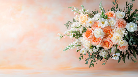 Bouquet of white and pink roses on orange background with copy space