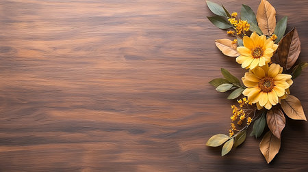 Autumn leaves and flowers on wooden background. Flat lay, top view.の写真素材