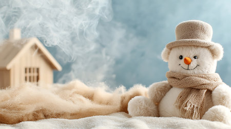 Snowman with toy house on snow background. Christmas and New Year conceptの写真素材