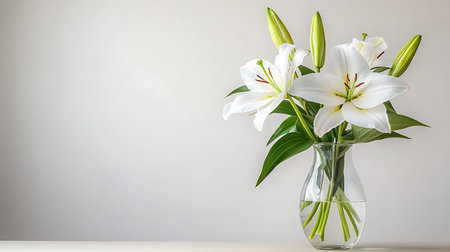 Bouquet of white lilies in a vase on a light backgroundの写真素材