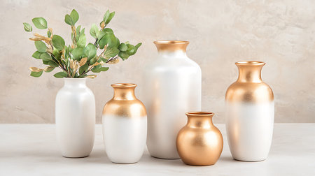 Three white vases with eucalyptus branches on a light background.の写真素材