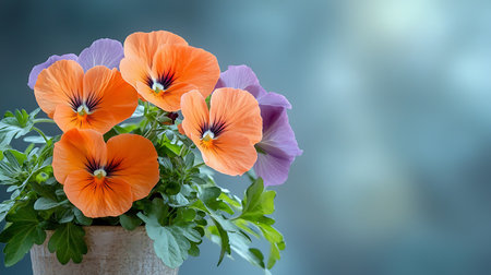 Bouquet of pansy flowers in vase on blurred backgroundの写真素材