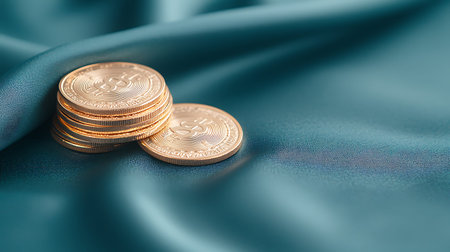 golden coins on blue satin background, closeup of photo