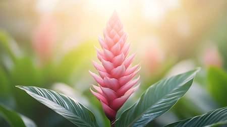 Beautiful pink ginger flower with green leaf in the garden with sunlight.