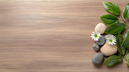 Spa stones with green leaves and flowers on wooden background, top viewの写真素材