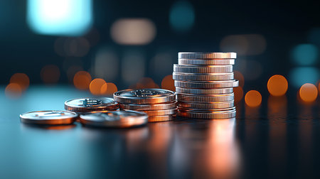 Stack of coins with blurred bokeh background, business and financial concept idea.の写真素材