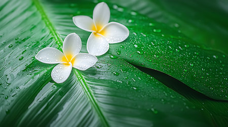 Frangipani flowers on green leaf background with water drops.の写真素材
