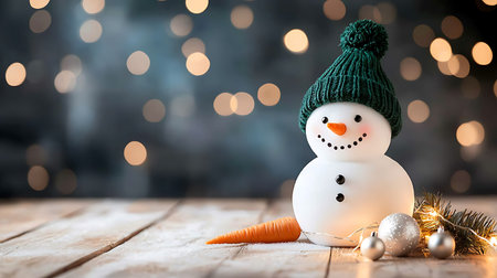 Snowman and carrot on wooden table with bokeh lights backgroundの写真素材