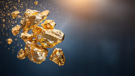Gold nugget explosion on blue background. 3d rendering.の写真素材