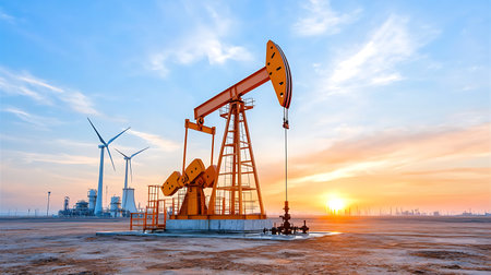 Oil pump, industrial equipment in the background of the setting sun.の写真素材