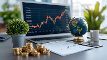 Globe and coins on the desk. Business and finance concept.の写真素材