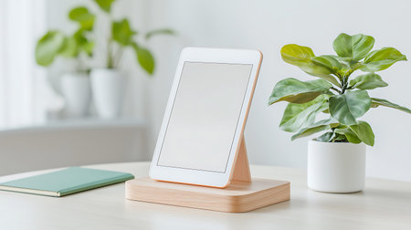 Mockup image of tablet pc with blank screen on wooden stand and green plant in white room