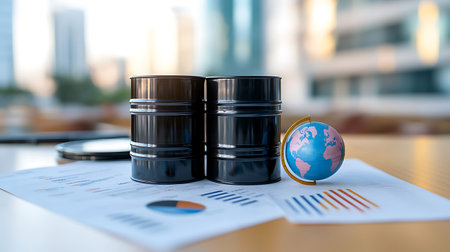Oil barrels and Earth globe on the table. Global oil market concept.