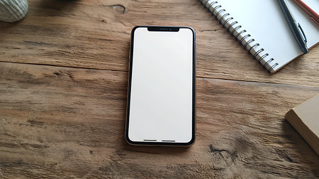 Smartphone with blank screen on wooden table background. Top view.