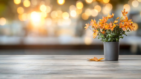 Orange flowers in vase on wooden table with bokeh background
