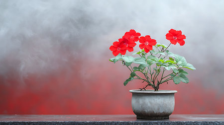 Red flowers in a pot on a table with smoke background.の写真素材