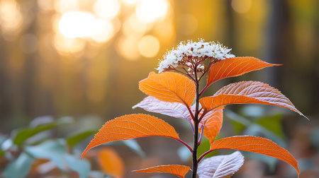 Close-up of white flowers and orange leaves in the forest.