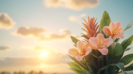 Bouquet of tropical flowers on the background of the setting sunの写真素材