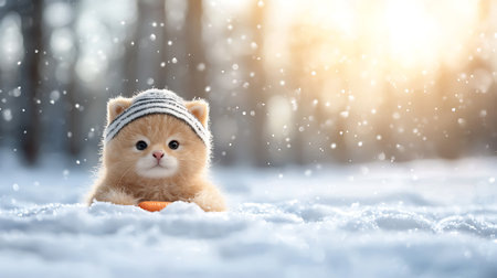 Cute little kitten in winter hat with orange ball on snow.の写真素材