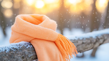 Orange scarf on a wooden fence in the winter forest. Winter backgroundの写真素材