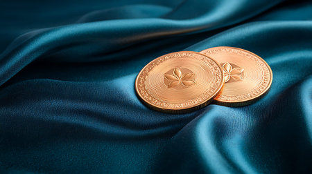 Shiny gold coins on blue satin background, close-up