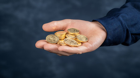 Gold coins in hand on a dark background. Business and finance concept.