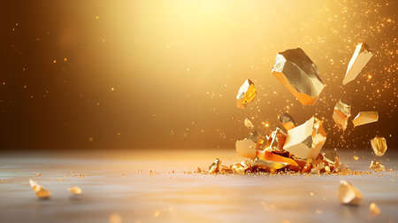 3d render of golden explosion with flying pieces of paper on the floor
