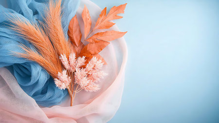 Autumn bouquet of dried flowers on a light blue background.の写真素材