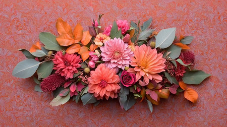 Beautiful autumn bouquet with dahlias and roses on the red backgroundの写真素材