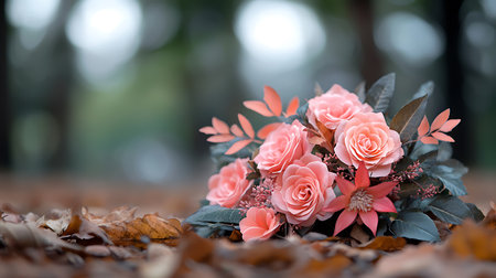 Bouquet of pink roses on the background of autumn leaves.の写真素材