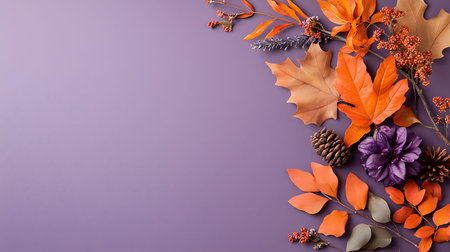 Autumn composition. Autumn leaves, berries, cones on violet background. Flat lay, top view, copy spaceの写真素材