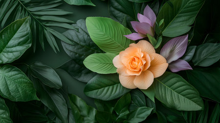 Flower arrangement on green background. Flat lay, top view.の写真素材