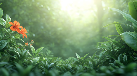 Beautiful nature scene with fresh green leaf and flower in the gardenの写真素材
