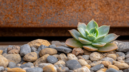 Succulent plant on the pebble beach with rusty iron backgroundの写真素材
