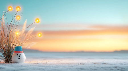 Snowman with christmas lights at sunset background, 3d renderの写真素材