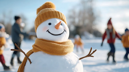 Cute snowman in hat and scarf on background of children playing outdoorsの写真素材
