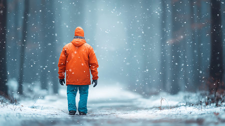 A boy in a red jacket walks through the snow-covered forest.の写真素材
