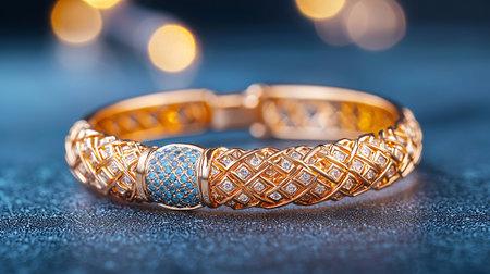 beautiful gold bracelet on a blue background with bokeh effect