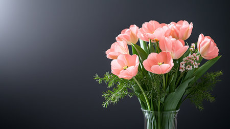Bouquet of pink tulips in vase on black background