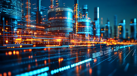 Futuristic city with glowing lights. 3d rendering toned imageの写真素材