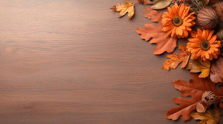 Autumn leaves and flowers on wooden background. Top view with copy space